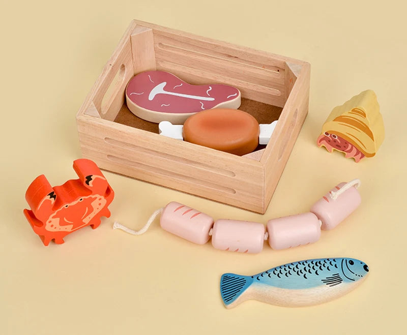 Children Wooden Kitchen Dessert Making Toys Pretend Play Montessori Fruits Vegetables Seafood Simulation Food Set Toys for Girls