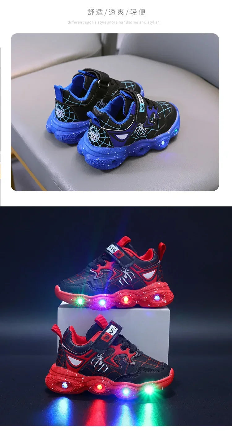 Disney Children's Led Light Shoes Fashion Aoger Spiderman Boys Sneakers Girls Cartton Casual Shoes Breathable Kids Sport Shoes
