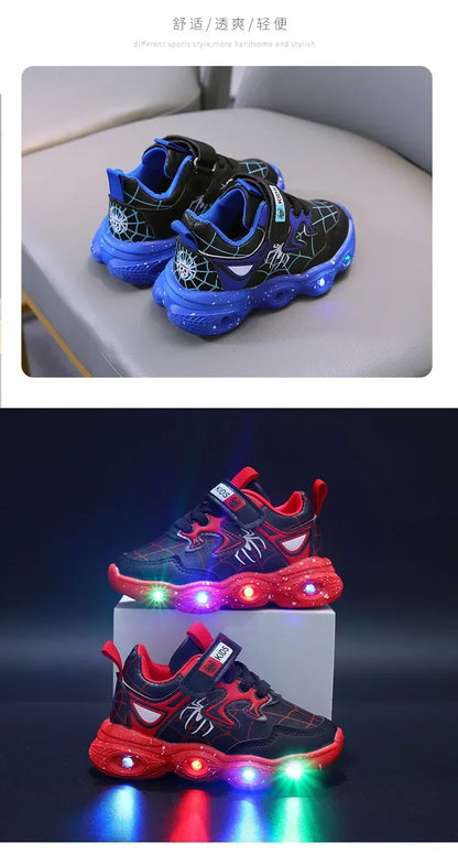 Disney Children's Led Light Shoes Fashion Aoger Spiderman Boys Sneakers Girls Cartton Casual Shoes Breathable Kids Sport Shoes