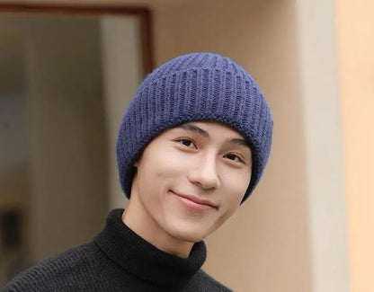 Winter Hats For Men Thickened Knitted Beanie Ear Protection Solid Color Cold Hat Keep Warm Baggy Cap Male Korean Elastic New