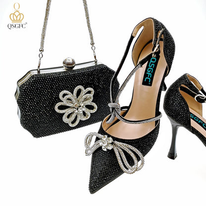 QSGFC Latest Party Women's Shoes and Bags Set Pointed Toe High Heels Full Upper Inlaid D.Purple Color Rhinestones