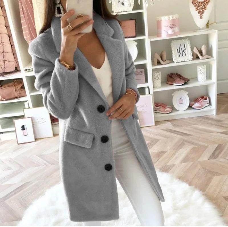 Autumn Commuter Women's Solid Color Coat Suit Collar Medium Length Fashion Double Breasted Woolen Coat Elegant Women's Coat