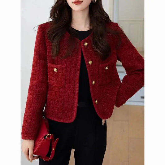 2025 New Burgundy Coat for Women in Autumn and Winter French Temperament Versatile Tweed Versatile Top