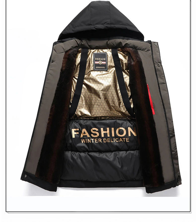 Men Winter Thick Warm Parka Coat Fleece Inside Male Solid Color Hooded Thick Jacket  Men's Middle Long Coat Size