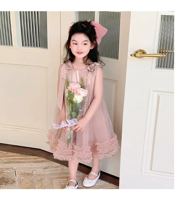 Sleeveless Loose Beach Mermaid Dress Baby Girls Cute Ruffled Pink Bow Lace Irregular Dress Graduation Ball Gown Party Dress 2025