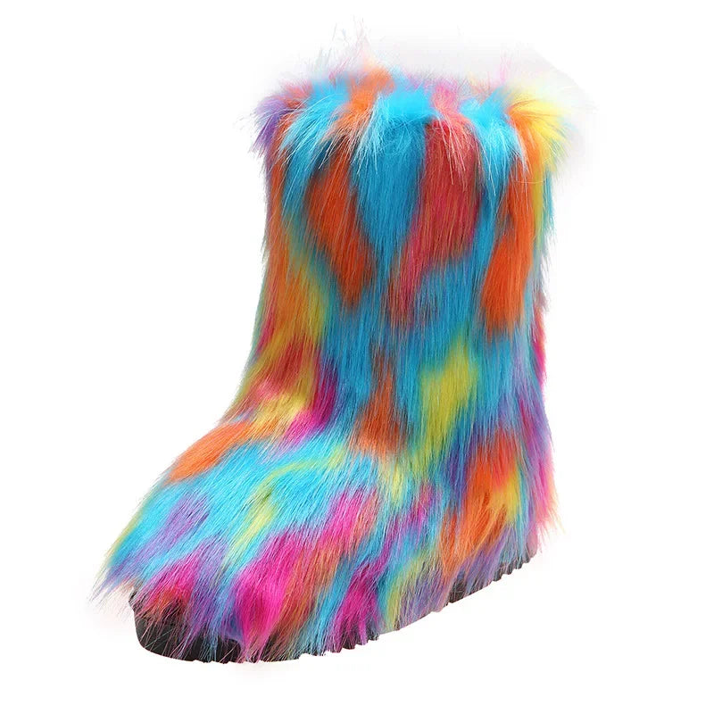 Fashionable Colored Plush Snow Boots Women Winter New Fox Long Hair Comfortable Cotton Shoes Anti Slip Wear-resistant Flat Shoes