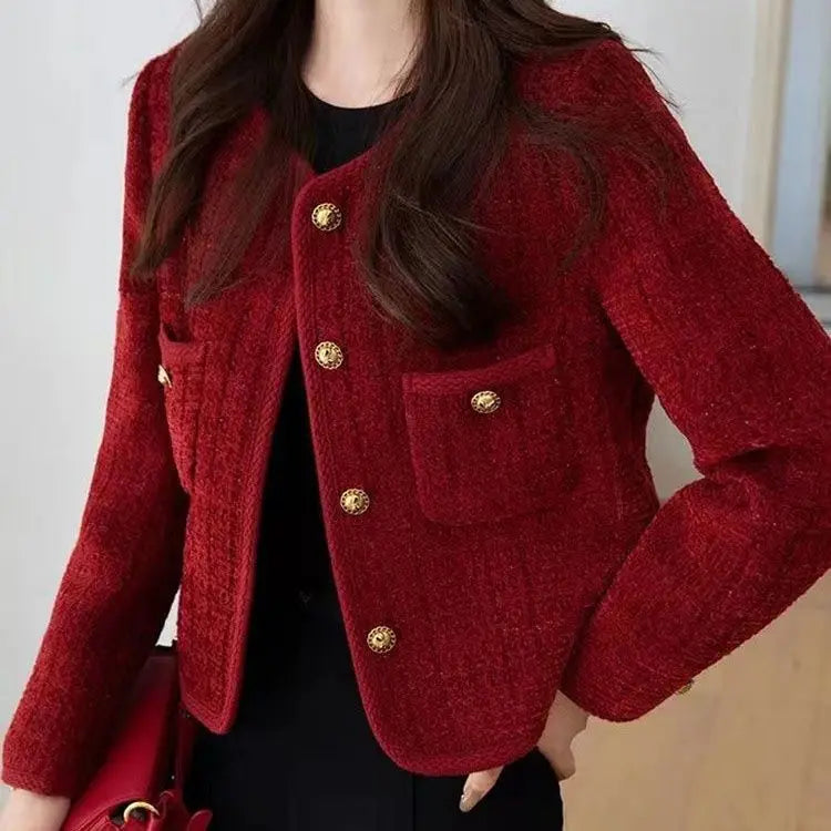 2025 New Burgundy Coat for Women in Autumn and Winter French Temperament Versatile Tweed Versatile Top