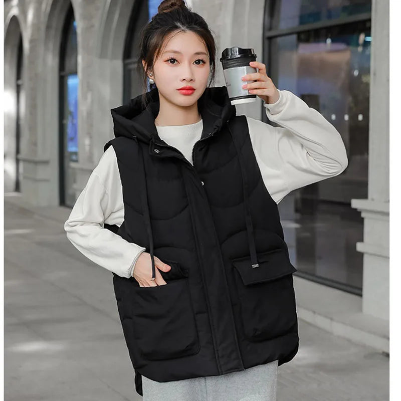 Women's Autumn Hooded Vest Coat 2025 New Short Down Cotton Padded Jacket Sleeveless Female Winter Waistcoat Warm Snow Wear Vests