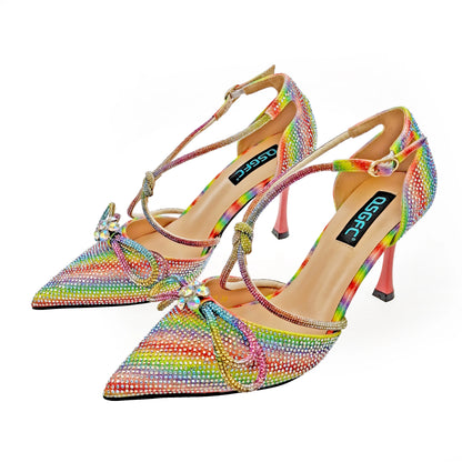 QSGFC Latest Party Women's Shoes and Bags Set Pointed Toe High Heels Full Upper Inlaid D.Purple Color Rhinestones
