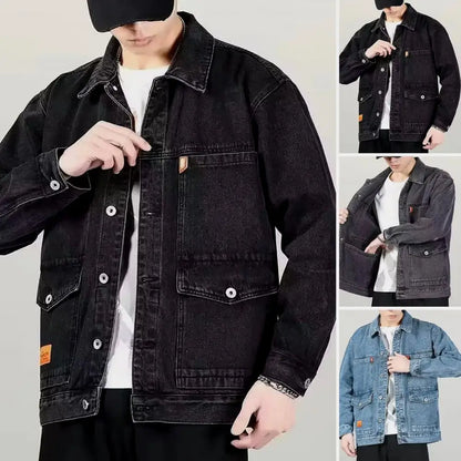 Trendy Denim Jacket Turn-down Collar Men Coat Long Sleeves Mid Length Spring Denim Coat  Thermal