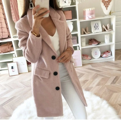 Autumn Commuter Women's Solid Color Coat Suit Collar Medium Length Fashion Double Breasted Woolen Coat Elegant Women's Coat