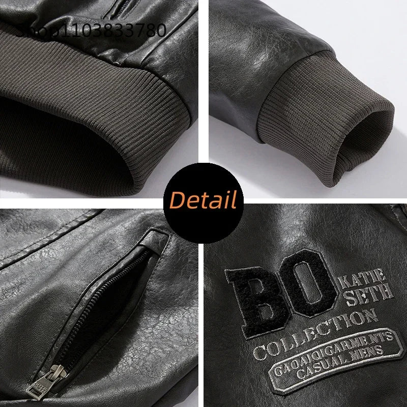 Men's Leather Jacket Fashion High-Quality Detachable Fur Collar Autumn And Winter Thick Coat Original Embroidered Men Clothing