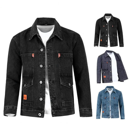 Trendy Denim Jacket Turn-down Collar Men Coat Long Sleeves Mid Length Spring Denim Coat  Thermal