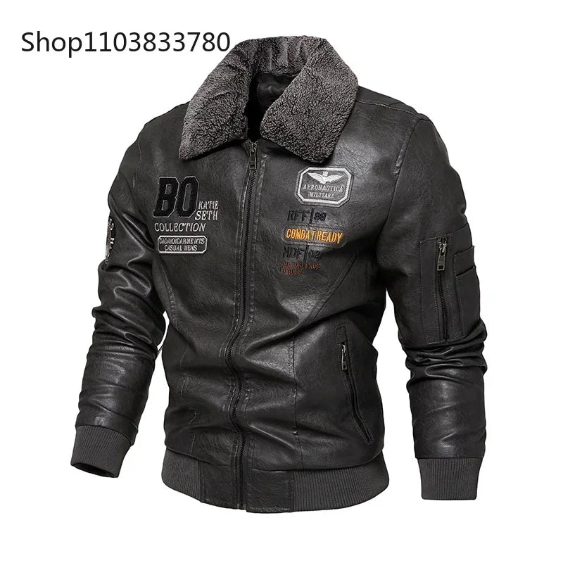 Men's Leather Jacket Fashion High-Quality Detachable Fur Collar Autumn And Winter Thick Coat Original Embroidered Men Clothing