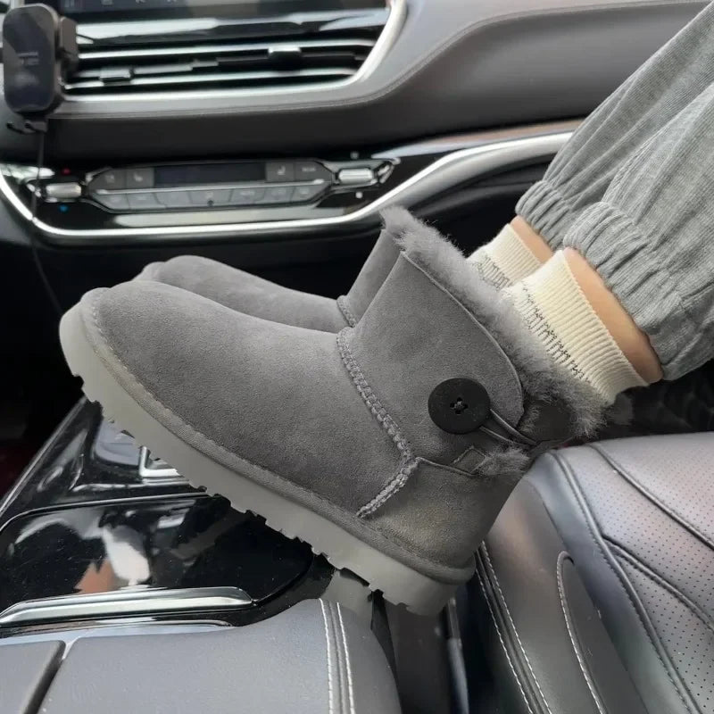 One button low cut, high-end quality 2-in-1 genuine leather, real wool, sheepskin fashionable and warm chestnut thick snow boots