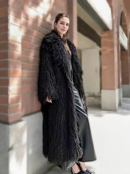 Women'S Elegant Long Faux Fur Coat -  Casual & Comfortable with Pockets, Perfect for Fall/Winter Outdoor Wear, Stylish Long Coat