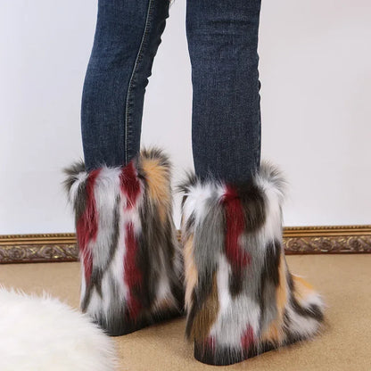 Fashionable Colored Plush Snow Boots Women Winter New Fox Long Hair Comfortable Cotton Shoes Anti Slip Wear-resistant Flat Shoes
