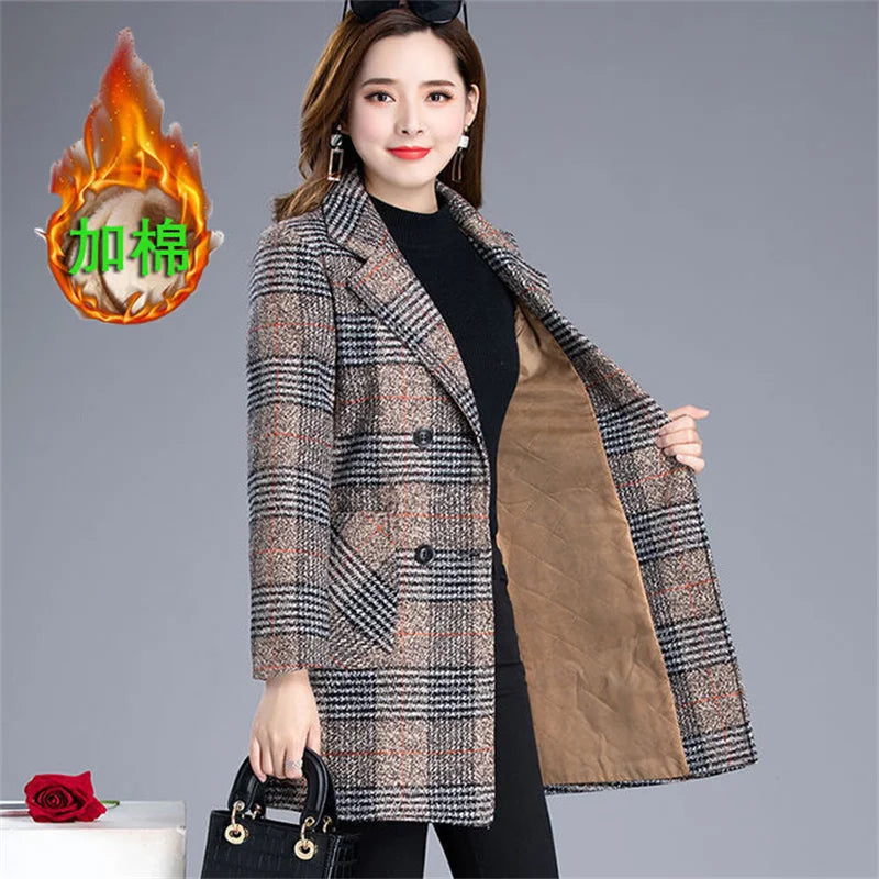 2025 Woolen Coat Women's Autumn Winter Middle-aged Plaid Woolen Blended Coat Elegant Slim Women Jacket Outerwear Overcoat Female