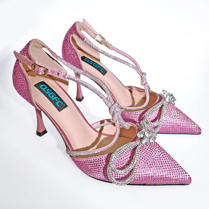 QSGFC Latest Party Women's Shoes and Bags Set Pointed Toe High Heels Full Upper Inlaid D.Purple Color Rhinestones