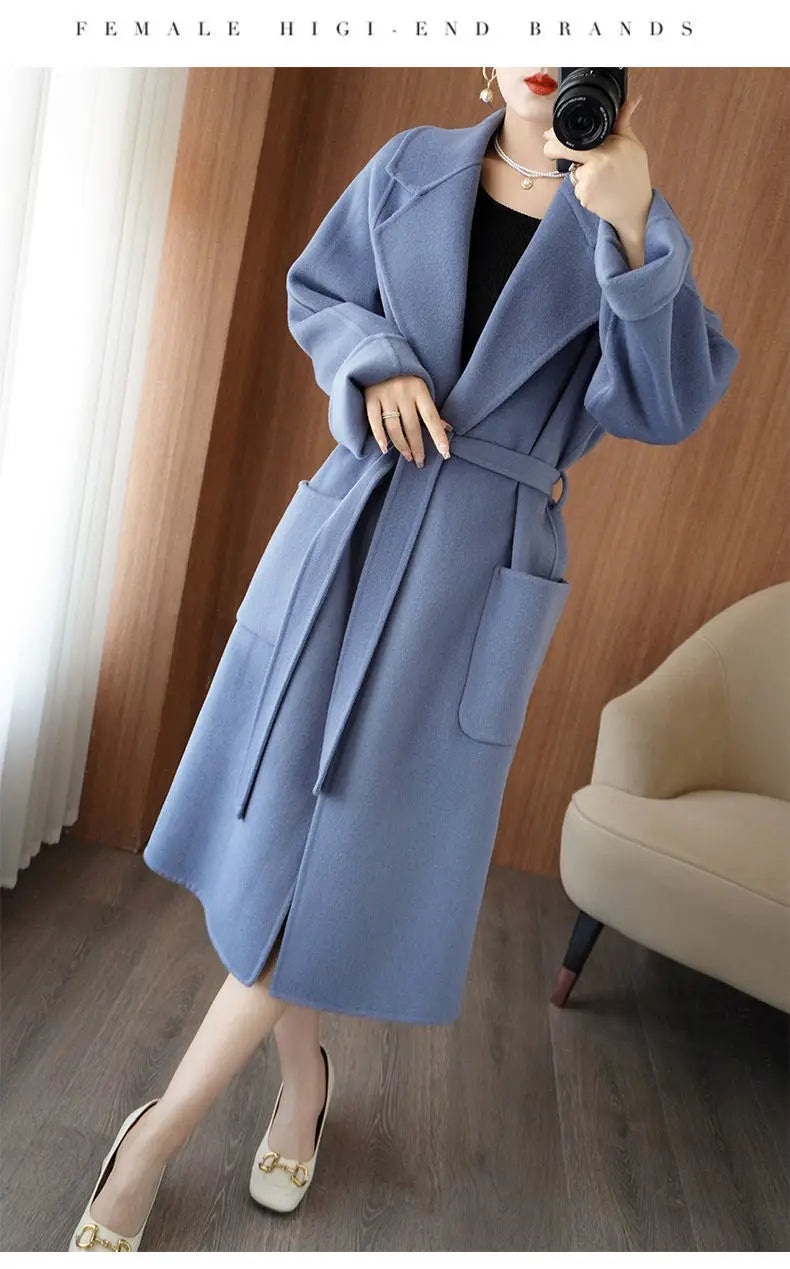 100% Wool Coat Women's Wear 2025 Autumn/Winter Fashion Temperament Double sided Cashmere Coats with Belt Elegant Long Overcoat