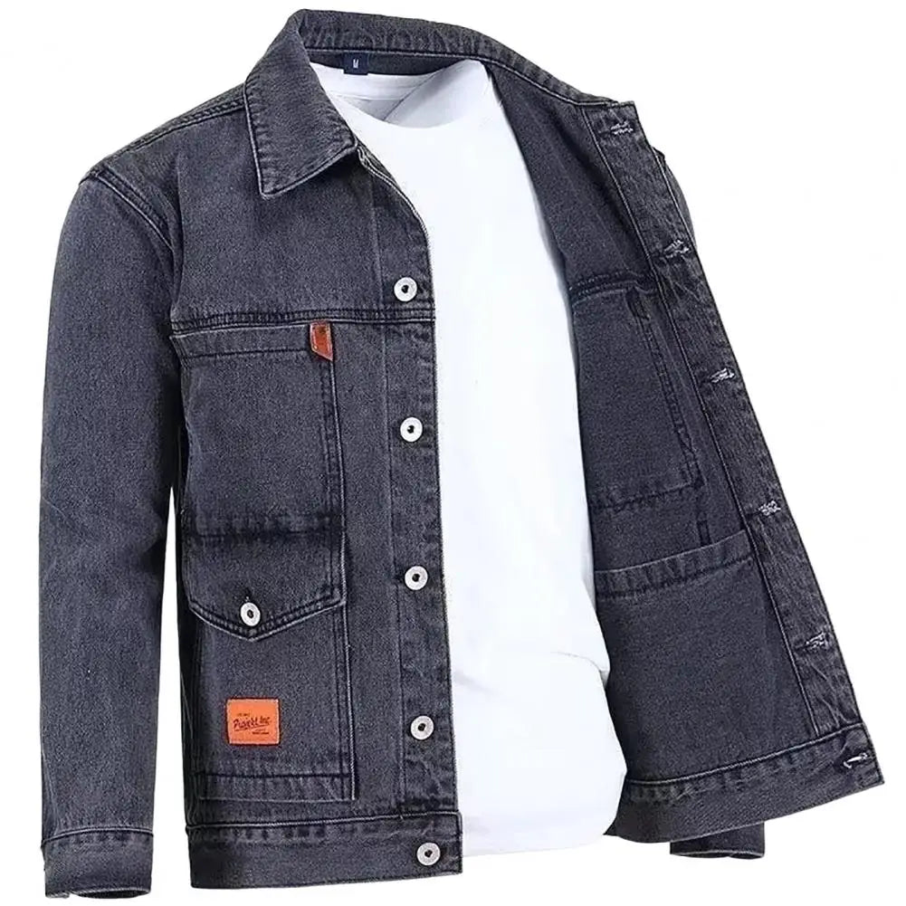 Trendy Denim Jacket Turn-down Collar Men Coat Long Sleeves Mid Length Spring Denim Coat  Thermal