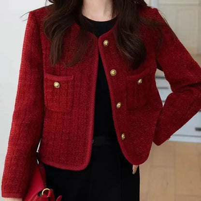2025 New Burgundy Coat for Women in Autumn and Winter French Temperament Versatile Tweed Versatile Top