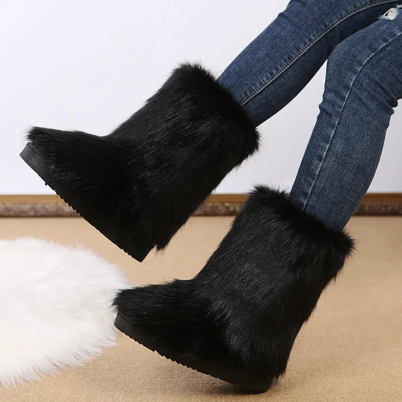 Fashionable Colored Plush Snow Boots Women Winter New Fox Long Hair Comfortable Cotton Shoes Anti Slip Wear-resistant Flat Shoes