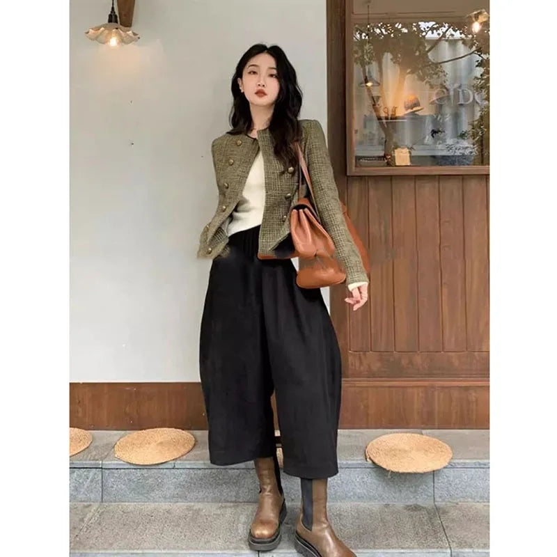 Vintage French Style Cropped Coat Women Korean Fashion Double-Breasted Tweed Jackets Ladies Streetwear Y2K Round Collar Outwear