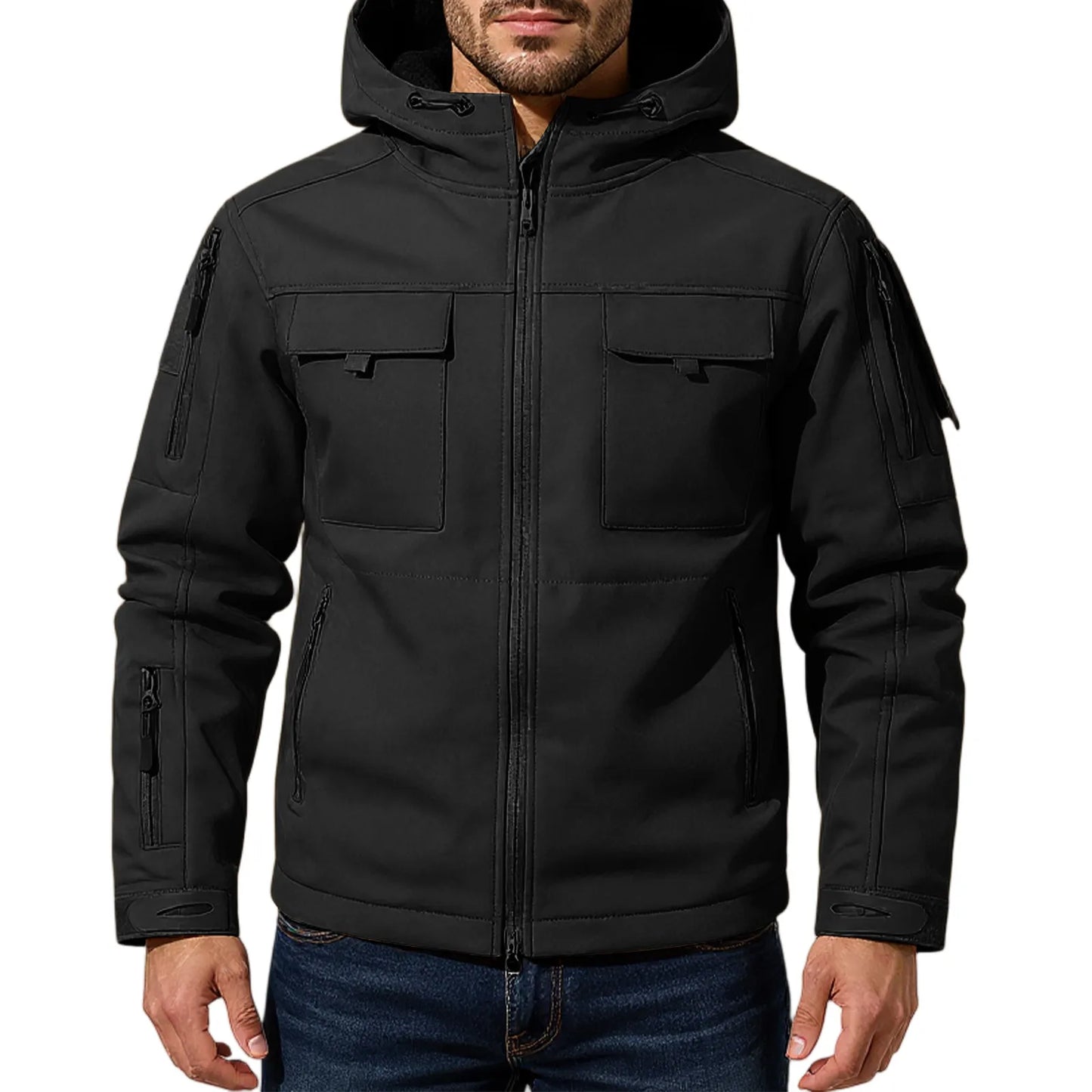 Mens workwear jacket loose fit hooded windbreaker outdoor casual streetwear stylish waterproof trekking coat rugged fashion