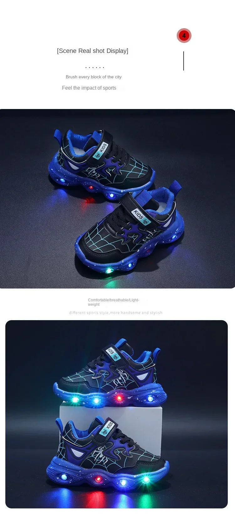 Disney Children's Led Light Shoes Fashion Aoger Spiderman Boys Sneakers Girls Cartton Casual Shoes Breathable Kids Sport Shoes