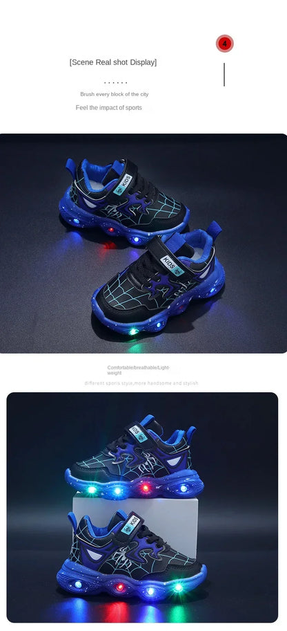 Disney Children's Led Light Shoes Fashion Aoger Spiderman Boys Sneakers Girls Cartton Casual Shoes Breathable Kids Sport Shoes