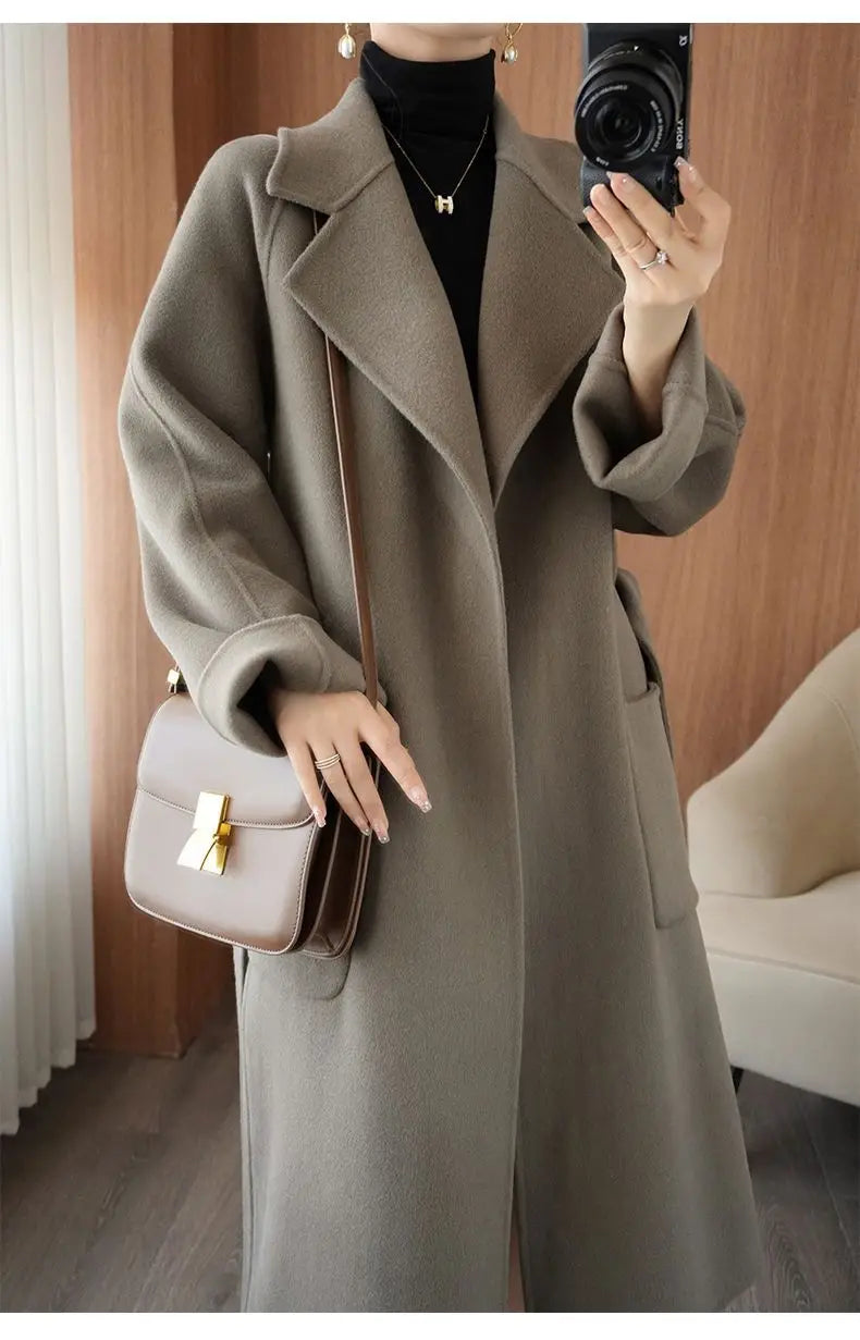 100% Wool Coat Women's Wear 2025 Autumn/Winter Fashion Temperament Double sided Cashmere Coats with Belt Elegant Long Overcoat