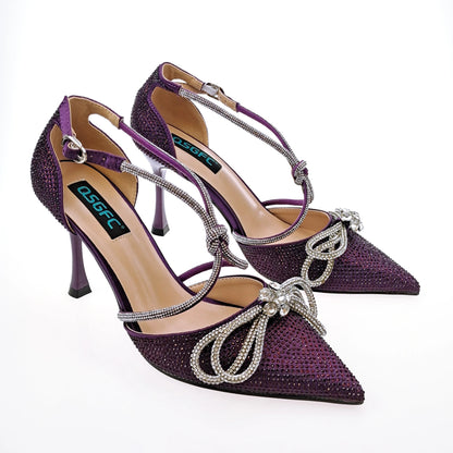 QSGFC Latest Party Women's Shoes and Bags Set Pointed Toe High Heels Full Upper Inlaid D.Purple Color Rhinestones