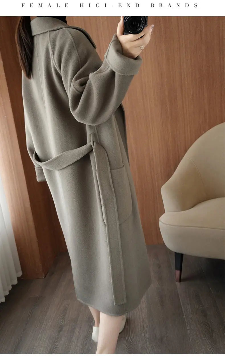 100% Wool Coat Women's Wear 2025 Autumn/Winter Fashion Temperament Double sided Cashmere Coats with Belt Elegant Long Overcoat