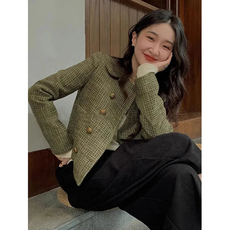 Vintage French Style Cropped Coat Women Korean Fashion Double-Breasted Tweed Jackets Ladies Streetwear Y2K Round Collar Outwear
