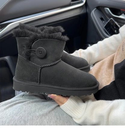 One button low cut, high-end quality 2-in-1 genuine leather, real wool, sheepskin fashionable and warm chestnut thick snow boots