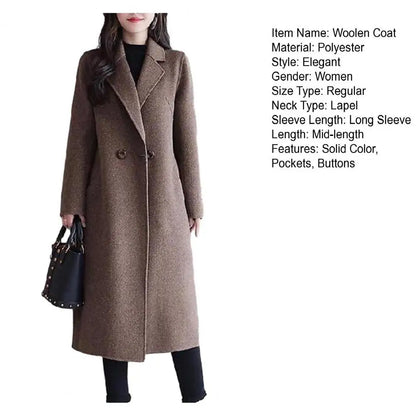 Women Woolen Coat Elegant Lapel Woolen Coat with Two Buttons Pockets for Women Stylish Mid-length Cardigan Outwear for Autumn