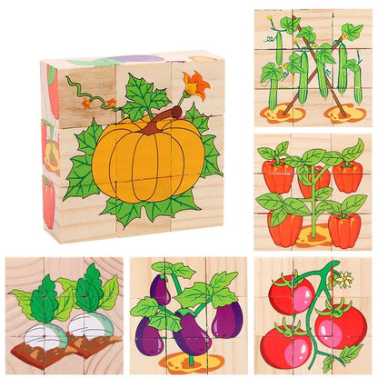 Early Learning Educational Toys Baby Wooden Blocks Toys Animal Fruit Traffic Cognize Children Six Side Cube Jigsaw Puzzles Game
