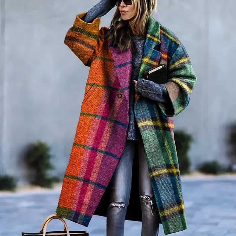 2025 New Women's Tweed Coat Contrast Color Plaid Loose Fit Outerwears Fall and Winter Fashion Casual Trench Coats