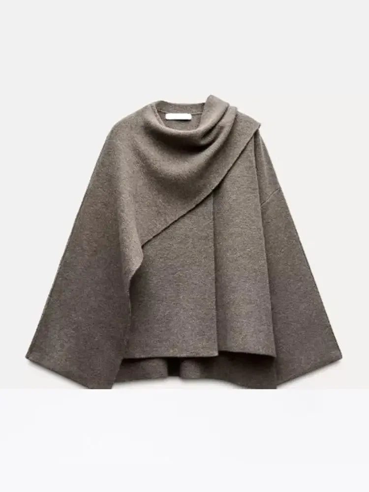 Knitted Short Coat Jacket Shawl Fashion Loose Casual Sleeved Coat Autumn Lady Cape Scarf Collar Outwear Pullover Sweater