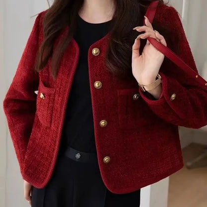 2025 New Burgundy Coat for Women in Autumn and Winter French Temperament Versatile Tweed Versatile Top