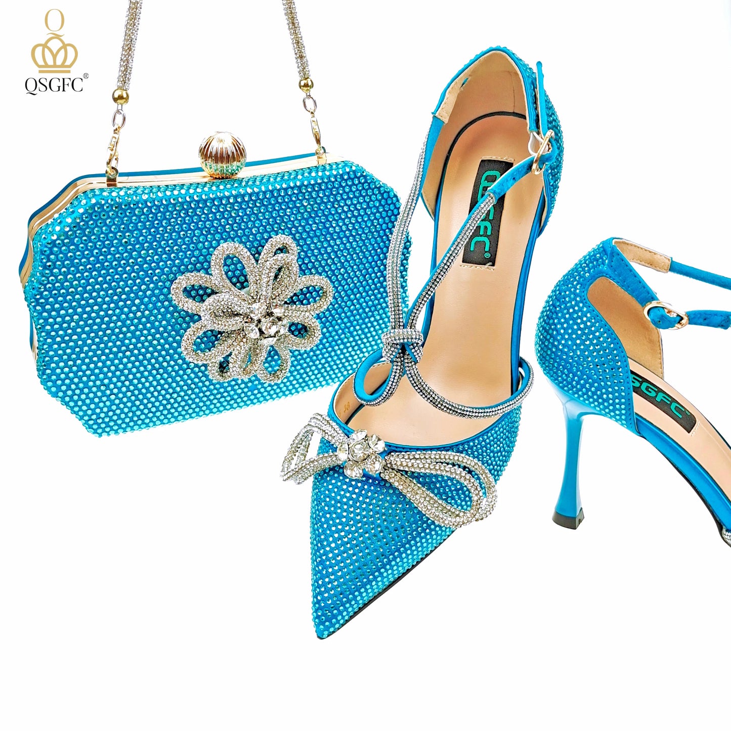QSGFC Latest Party Women's Shoes and Bags Set Pointed Toe High Heels Full Upper Inlaid D.Purple Color Rhinestones