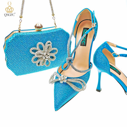 QSGFC Latest Party Women's Shoes and Bags Set Pointed Toe High Heels Full Upper Inlaid D.Purple Color Rhinestones