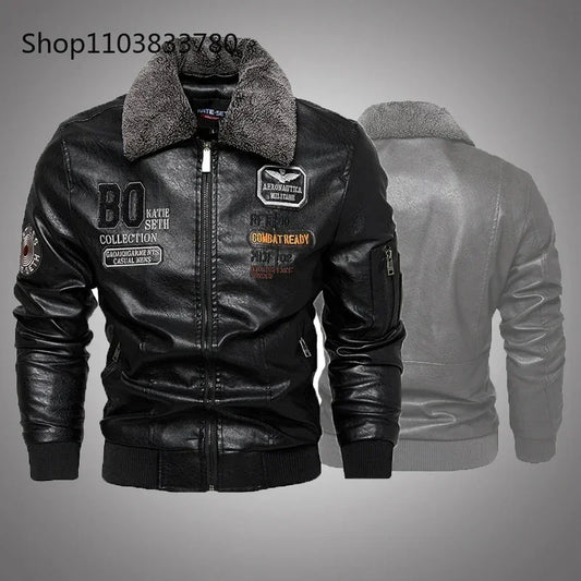 Men's Leather Jacket Fashion High-Quality Detachable Fur Collar Autumn And Winter Thick Coat Original Embroidered Men Clothing