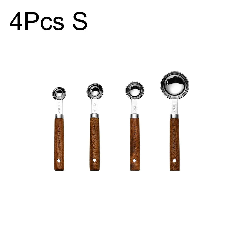 1/4/8Pcs Measuring Cup Spoon Sets Stainless Steel Wooden Handle Coffee Flour Scoop Bartending Scale Kitchen Cooking Gadget Sets