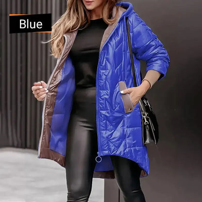 Hot Women's Warm Winter Coat Hooded Cotton Jacket Mid Long Winter Warm Coat with Pockets with High-Low Hem