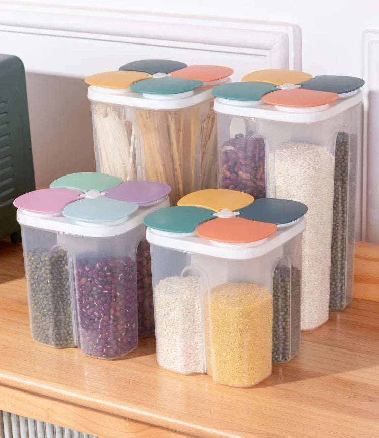 Upgrade Model Kitchen Cereals Storage Box Plastic 4 Grids Cereals Sealed Jar Food Container Moisture-proof Grain Tank