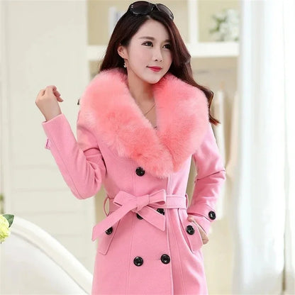 Korean Fashion Women Casual Loose Woolen Coat Elegant and Chic Solid Outerwear Long Overcoat with Belted Female Warm Cloak
