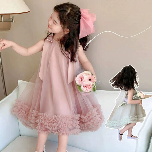 Sleeveless Loose Beach Mermaid Dress Baby Girls Cute Ruffled Pink Bow Lace Irregular Dress Graduation Ball Gown Party Dress 2025