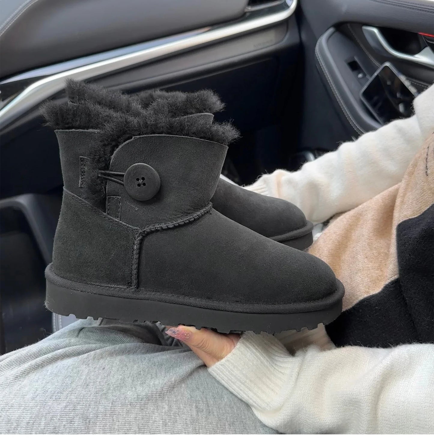 One button low cut, high-end quality 2-in-1 genuine leather, real wool, sheepskin fashionable and warm chestnut thick snow boots
